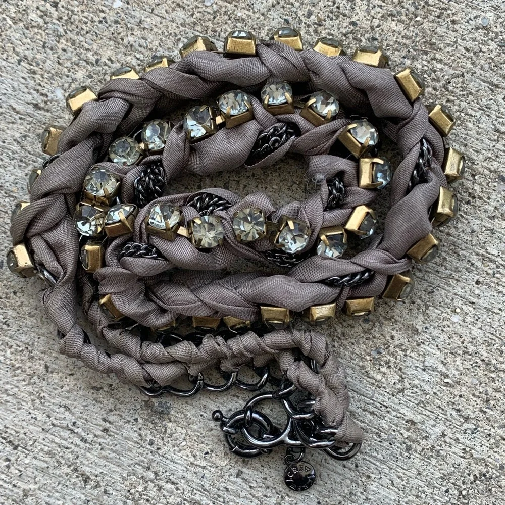 J. Crew Statement Necklace twisted fabric chains gunmetal brilliant rhin… - Picture 2 of 2